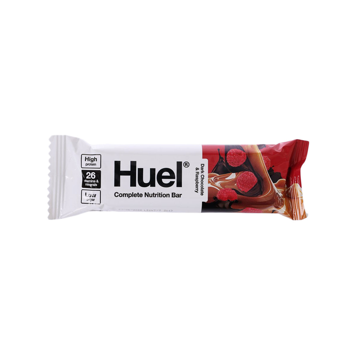 HUEL high-protein snack bar wrapper, dark chocolate and raspberry, 55 g