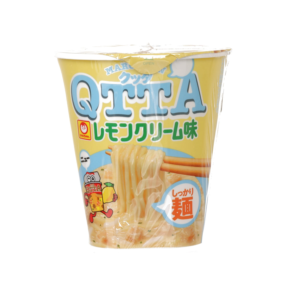 Instant ramen cup with lemon cream flavor, with ramen noodles and chopsticks graphic
