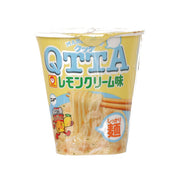 Instant ramen cup with lemon cream flavor, with ramen noodles and chopsticks graphic
