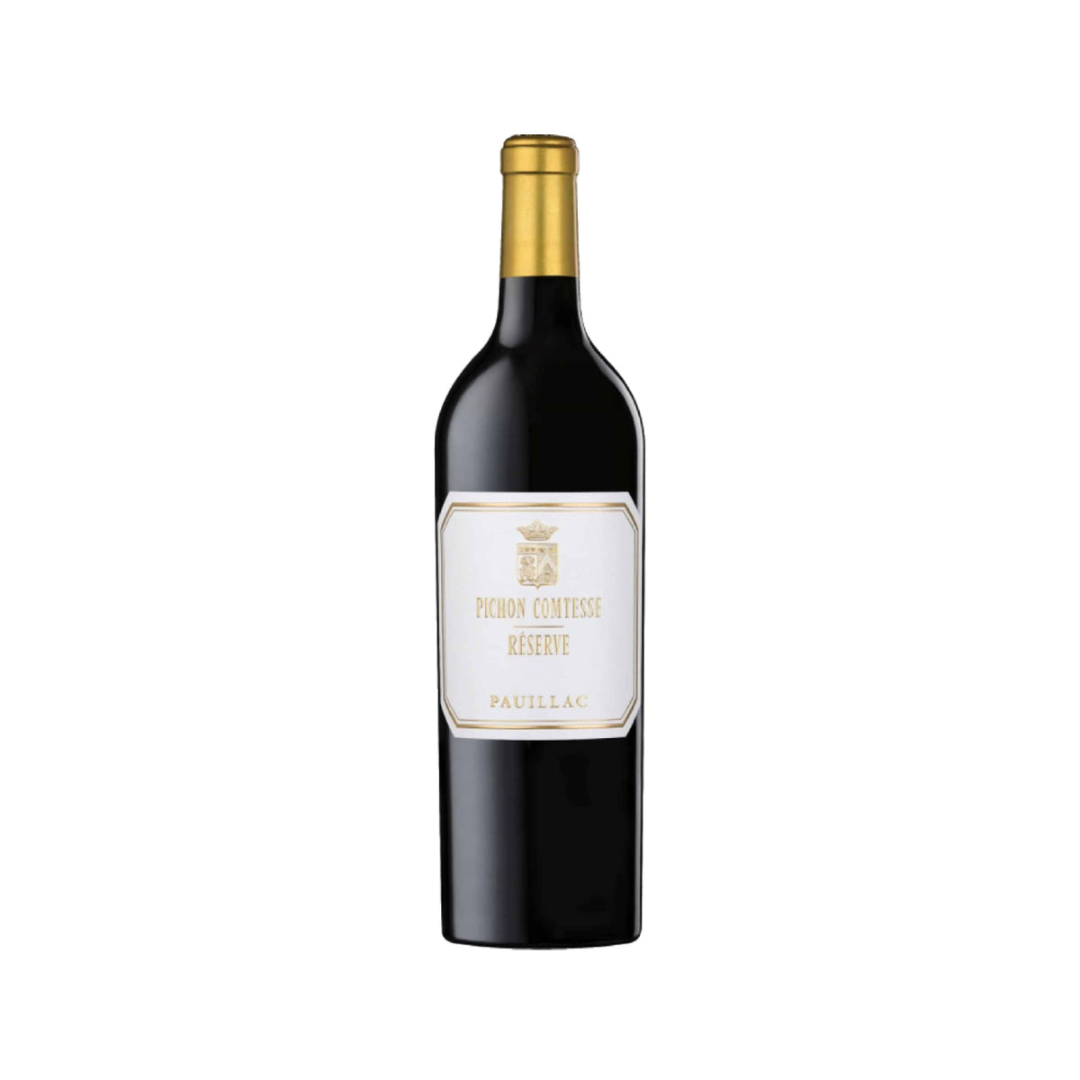 Pichon Comtesse Reserve wine bottle with gold foil cap and Pauillac label
