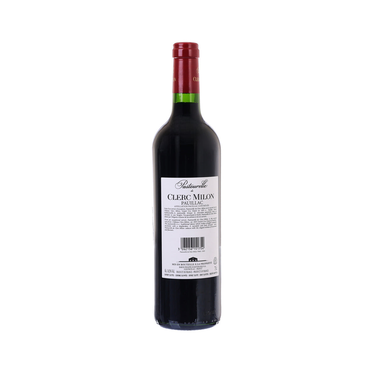 Clerc Milon Pauillac 2022 wine bottle with back label and red foil top