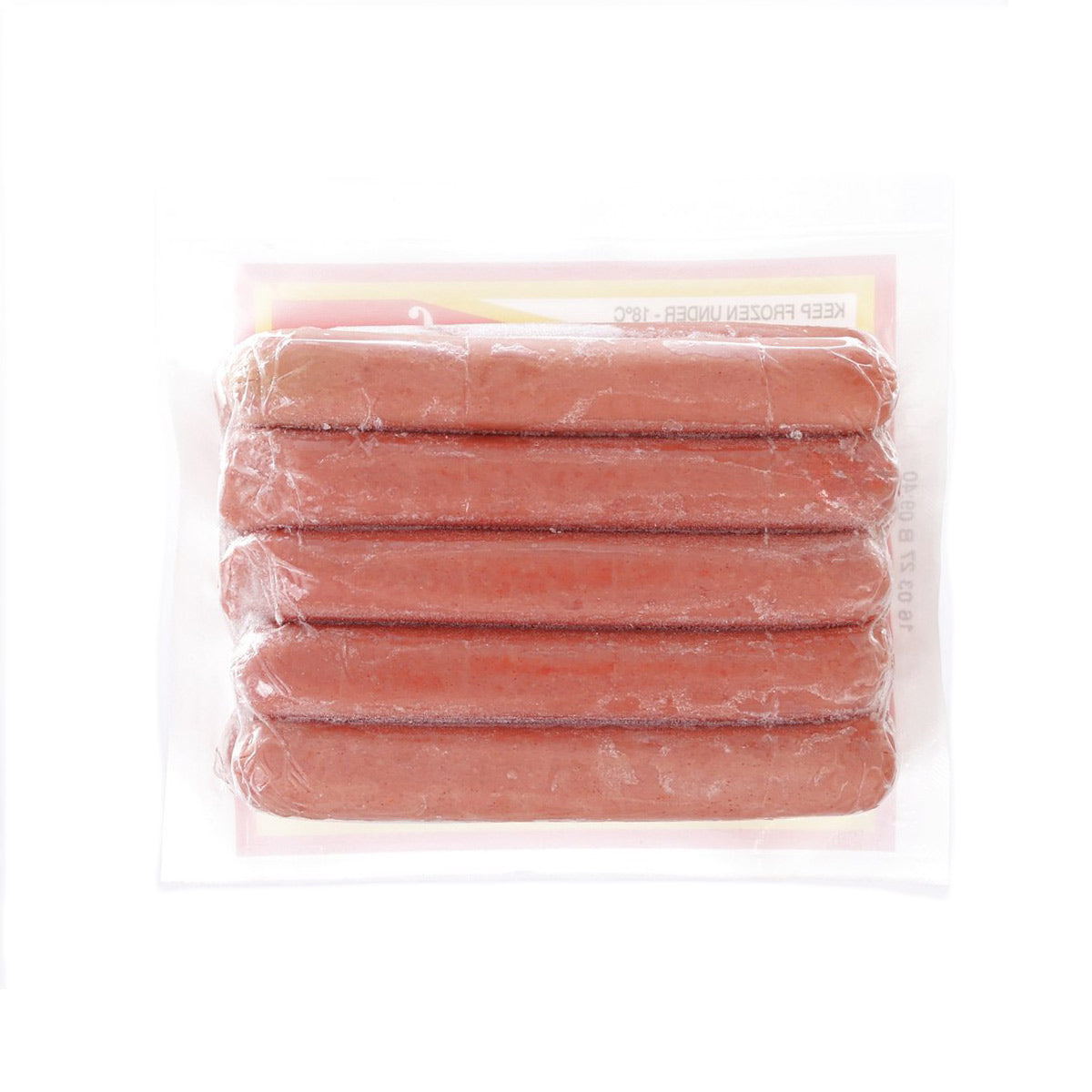 Vacuum-sealed chicken franks pack with sliced sausages, pink