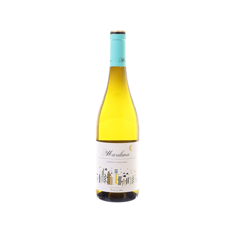 Yellow white wine bottle with teal cork and front label, 750 mL