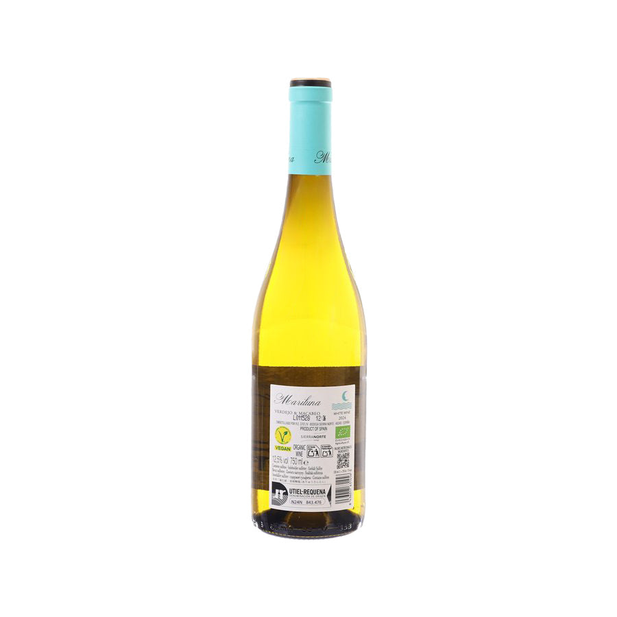 Yellow white wine bottle with teal cap and back label, 750 mL