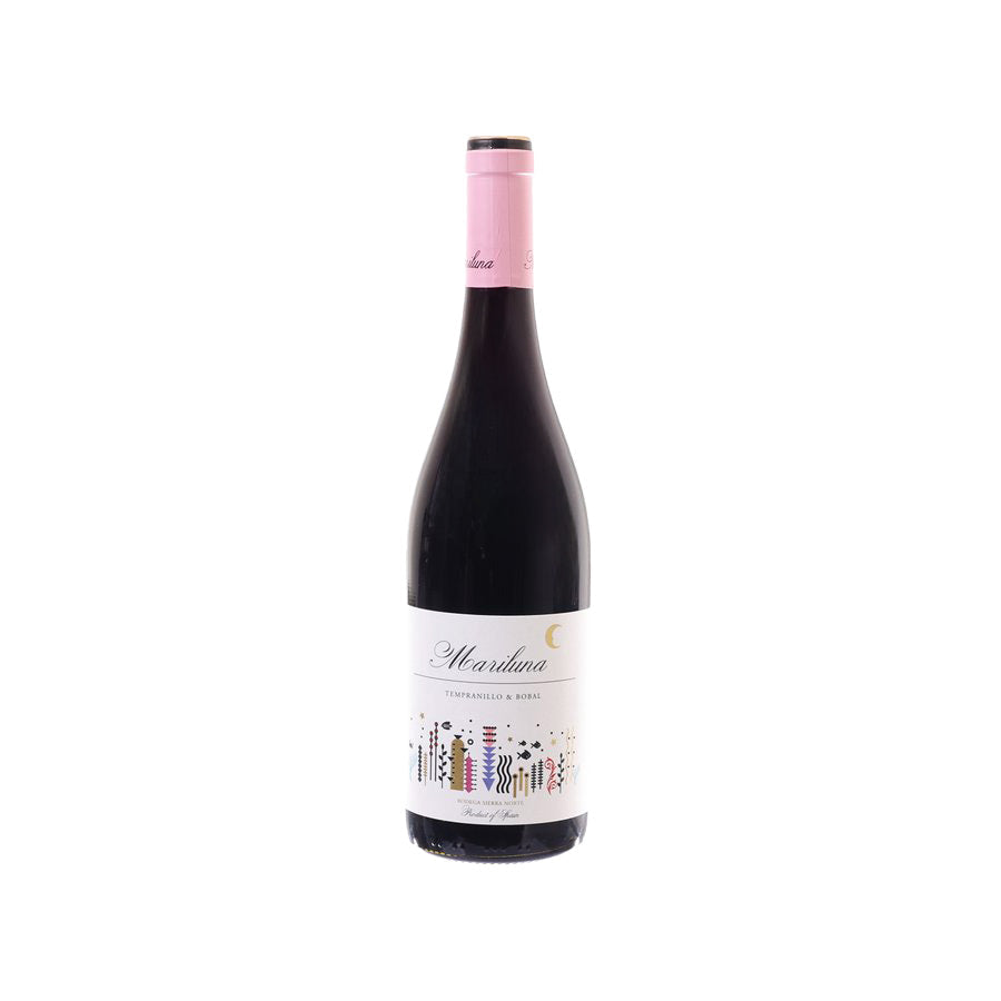 Red wine bottle with pink foil neck and front label with festive graphic