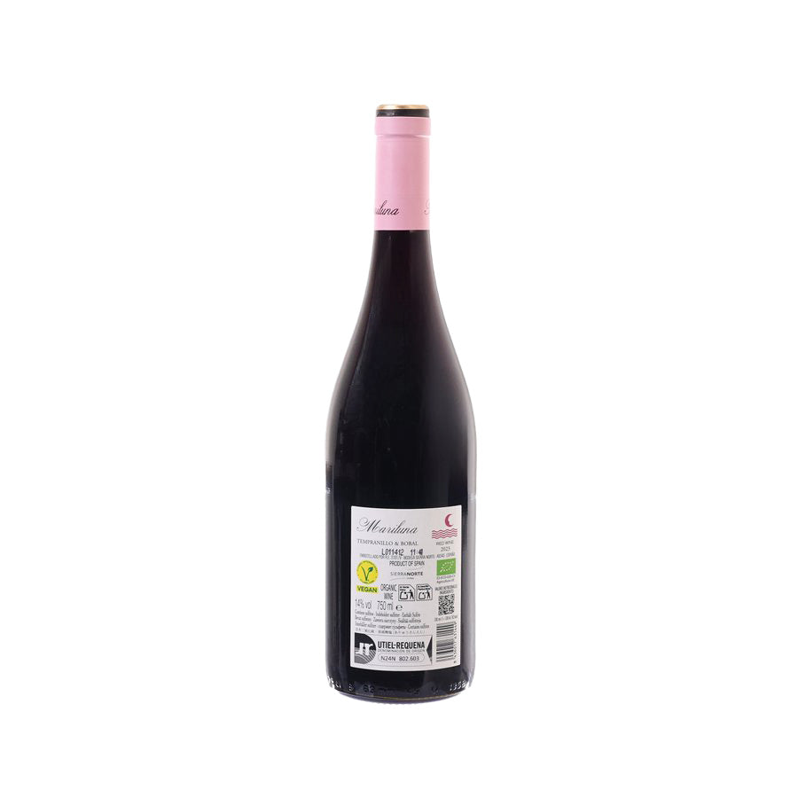 Red wine bottle with pink foil neck and back label with barcode and text