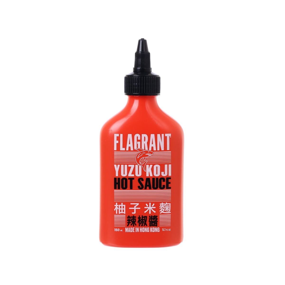 FLAGRANT yuzu koji hot sauce bottle, bright red, black squeeze cap