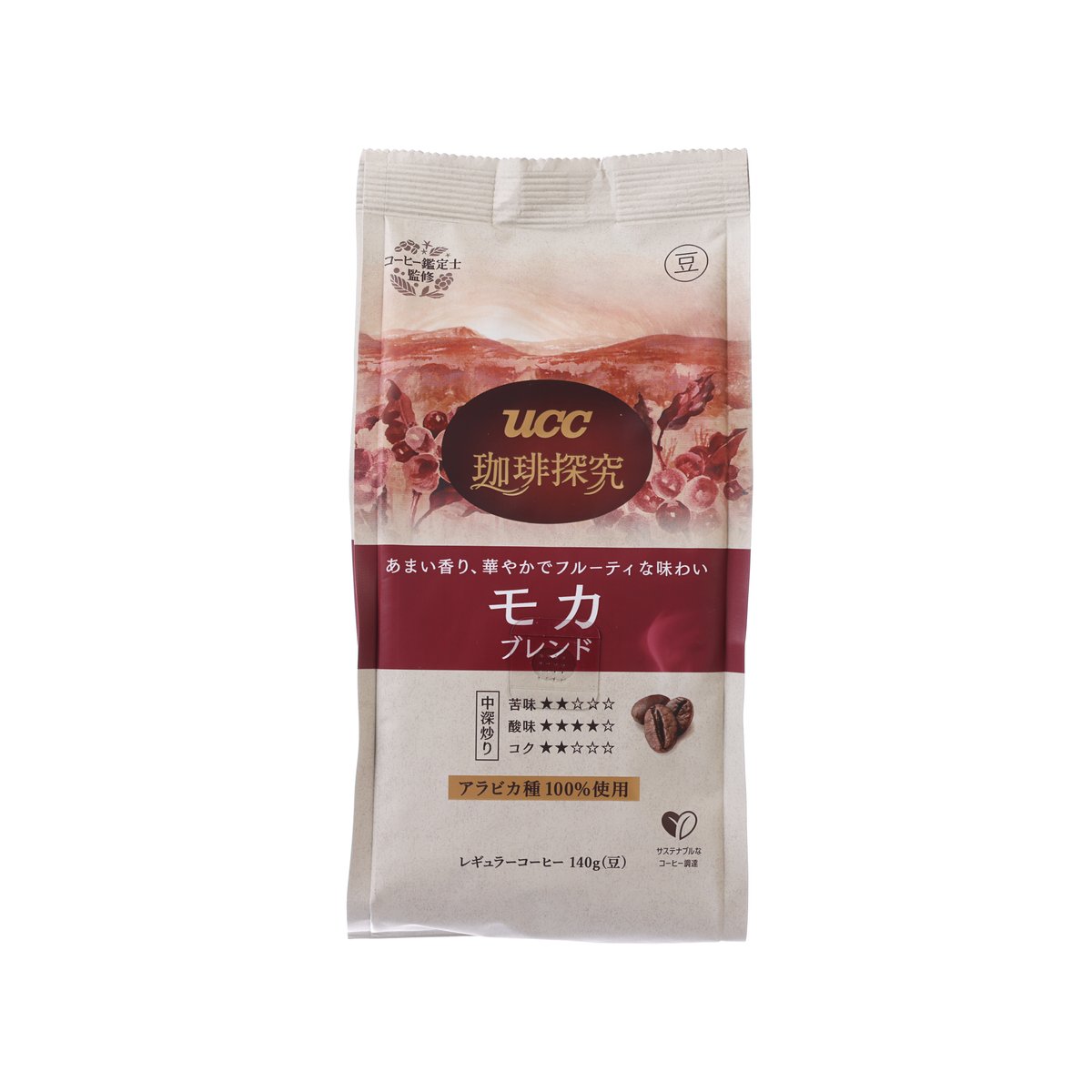 Mocha blend coffee bean pouch with UCC logo and 140g label, front view