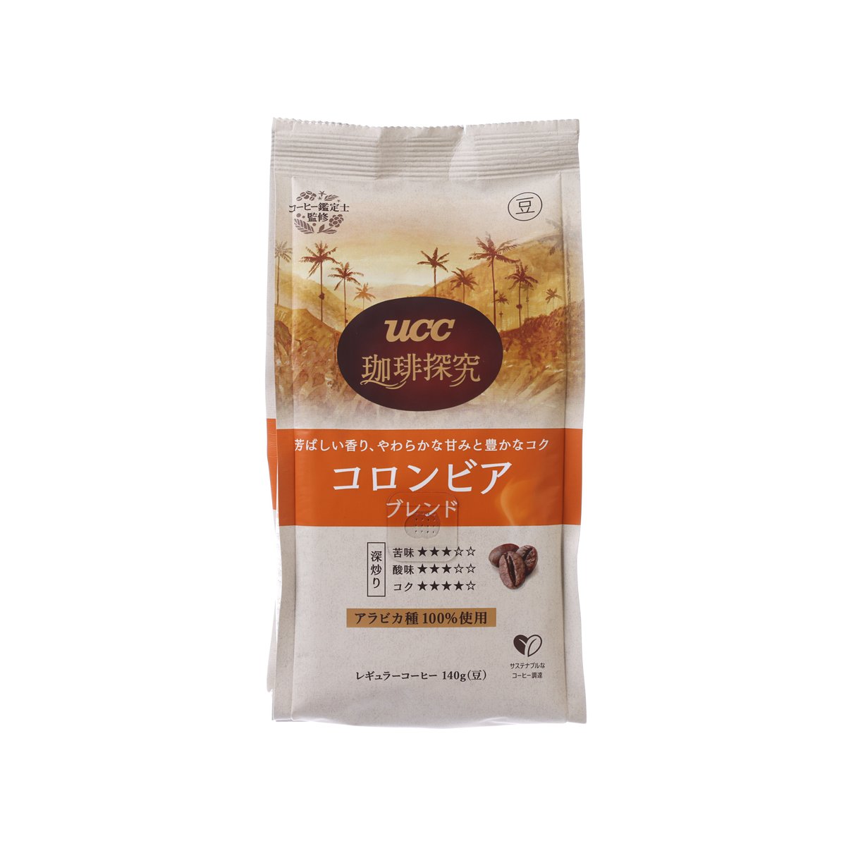 UCC coffee blend bag, light brown paper pouch with orange label and brown coffee icon