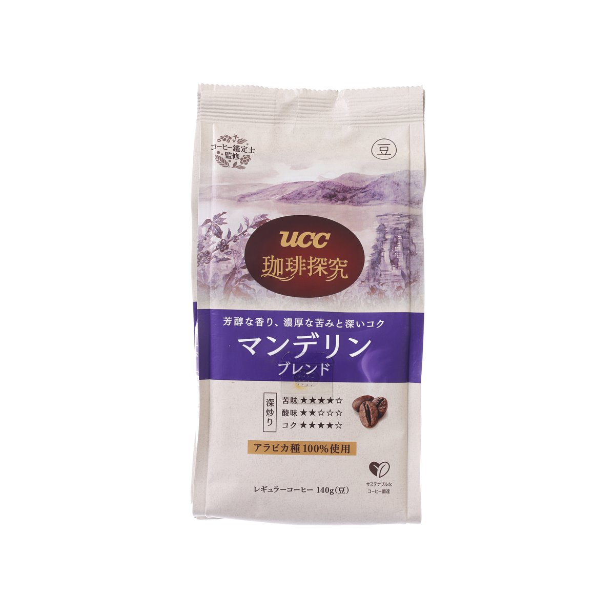 UCC coffee bean blend bag, white with purple label and circular logo, 140 g