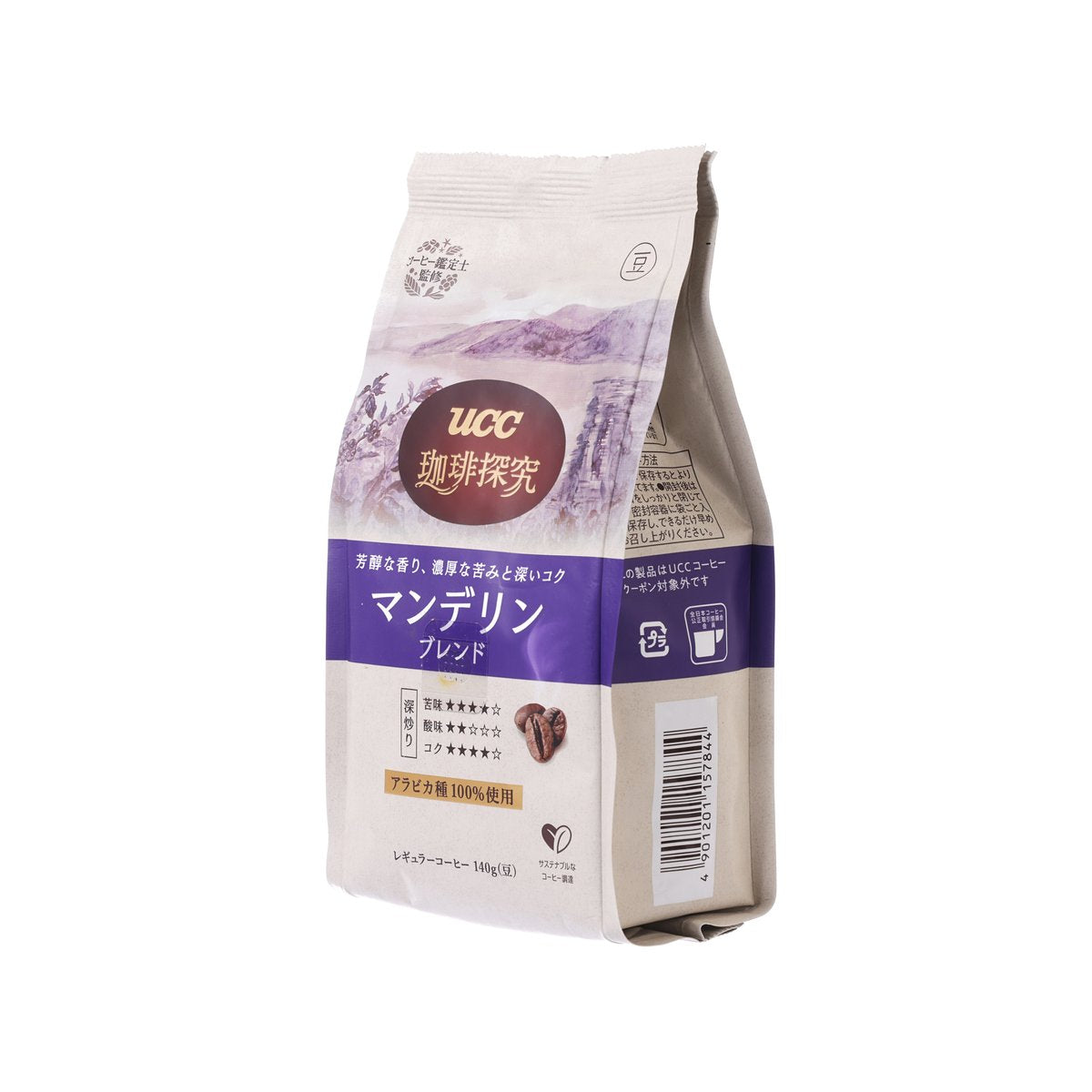 UCC coffee bean blend bag, stand-up pouch with purple label and barcode panel
