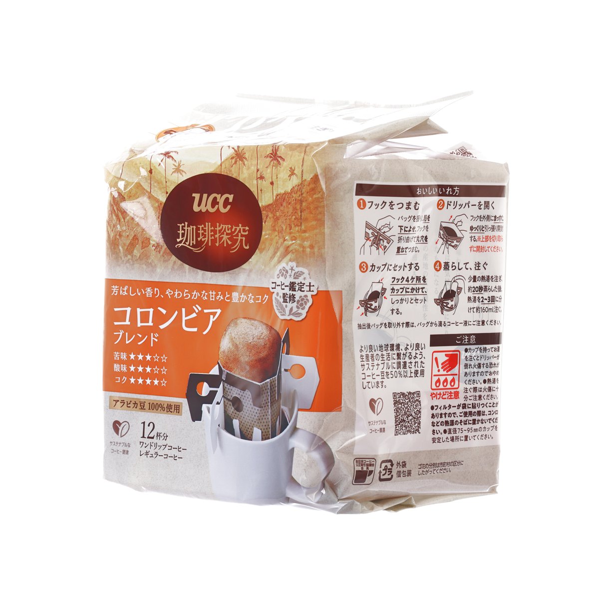 UCC drip coffee blend pouch, 12-count pack with side label and instructions