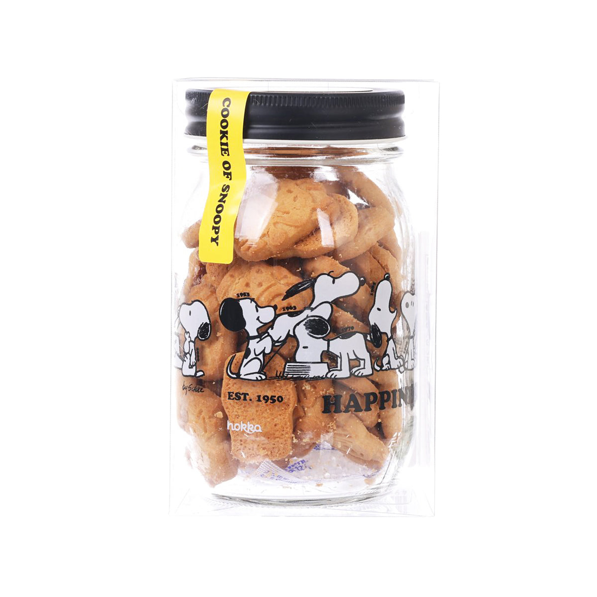 Clear plastic cookie jar with black lid and Snoopy-style design, filled with cookie pieces