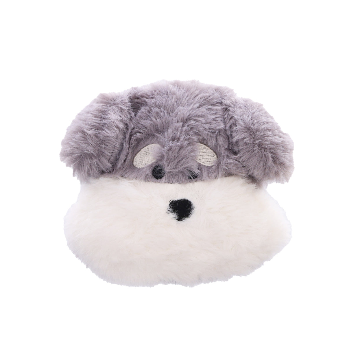 Dog-shaped plush hot pocket warmer with gray top and white body