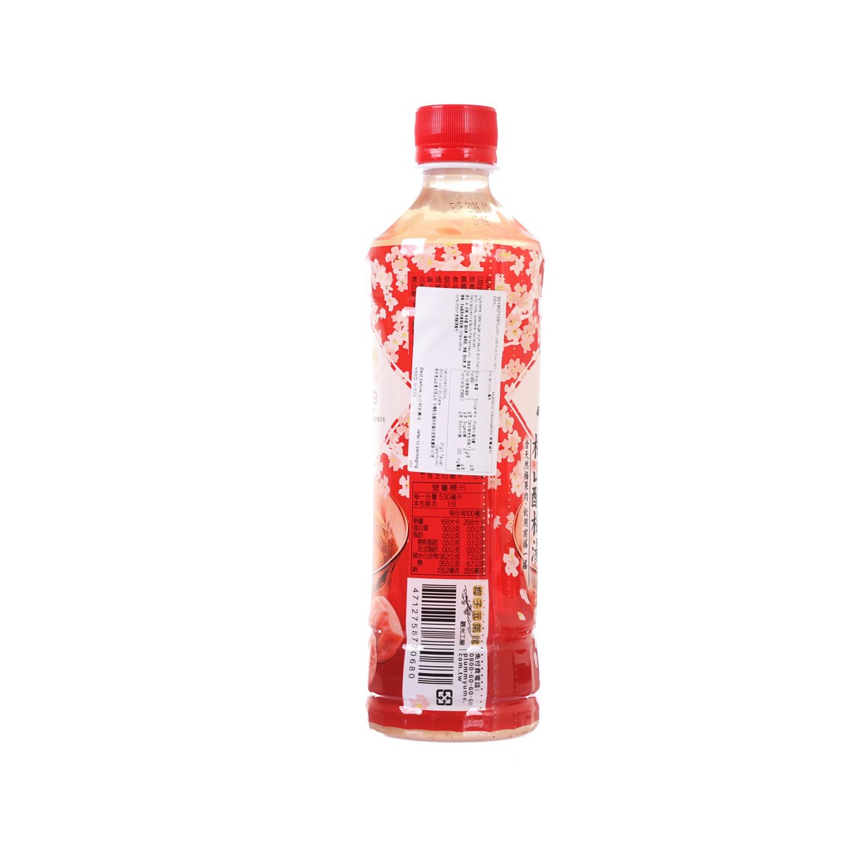 Plum ume drink PET bottle back view with barcode and red text