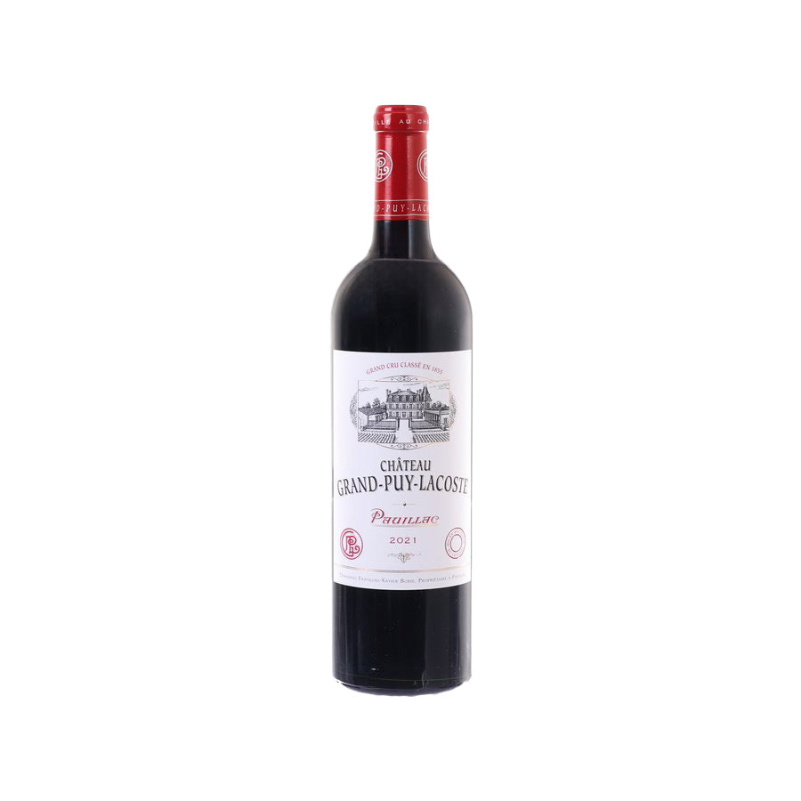 Burgundy wine bottle with red foil cap and label, Pauillac 2021, 750 mL