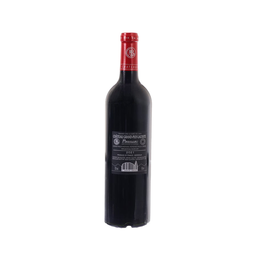 Wine bottle with red foil cap and back label, dark glass, Pauillac 2021, 750 mL