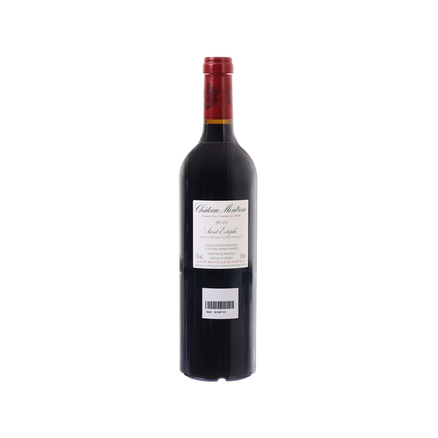 Red wine bottle with back label sticker and red capsule top