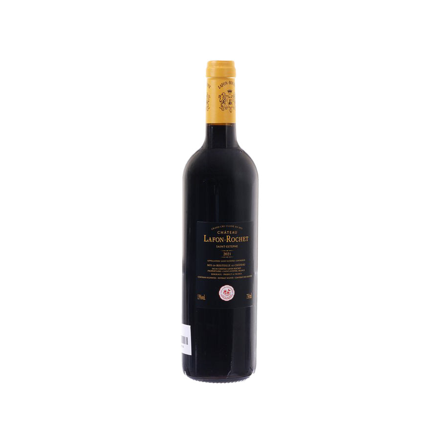 2021 Saint Estephe wine bottle in dark glass with yellow back label and foil cap