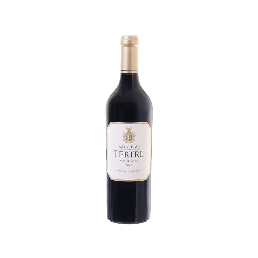 Margaux 2019 red wine bottle, dark glass with cork and front label