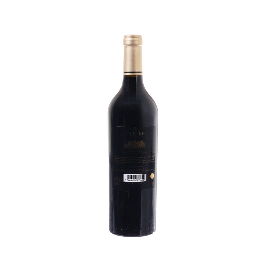 Margaux 2019 red wine bottle, dark glass with back label and barcode