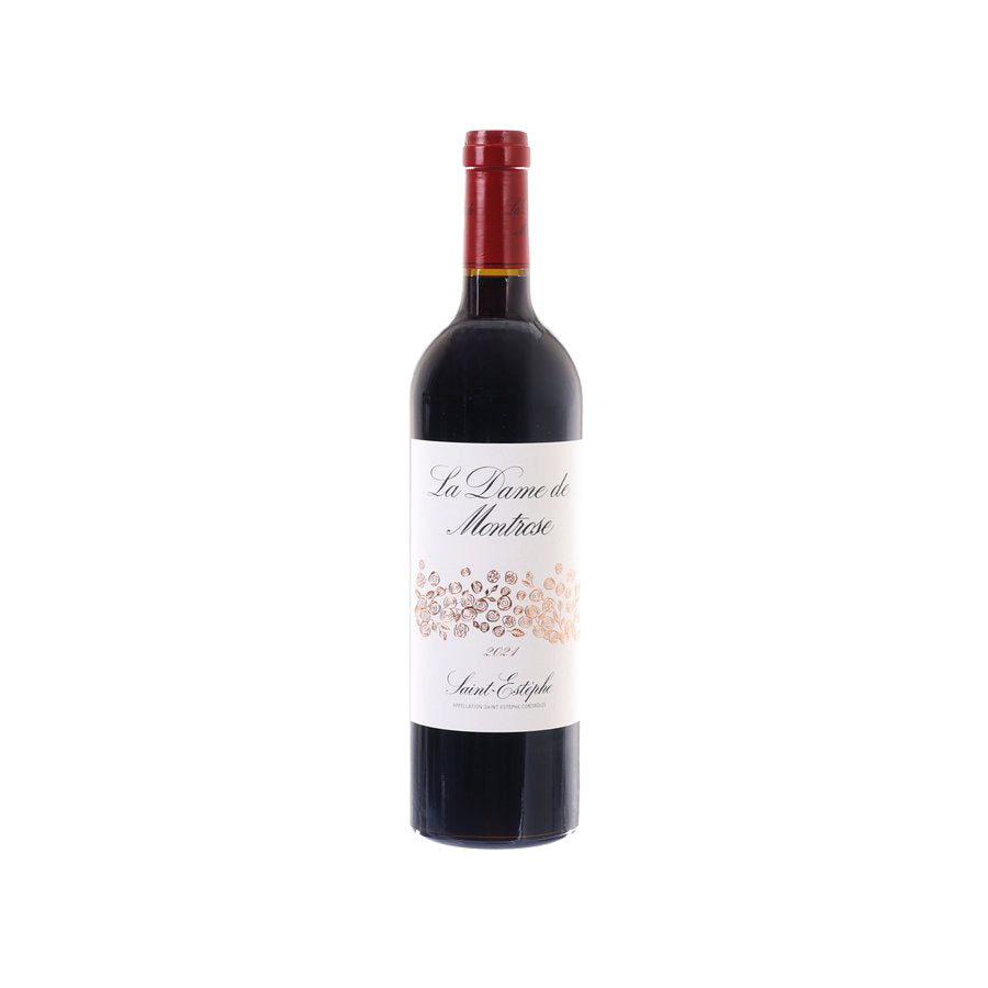Red-capped wine bottle with dark glass and cream front label