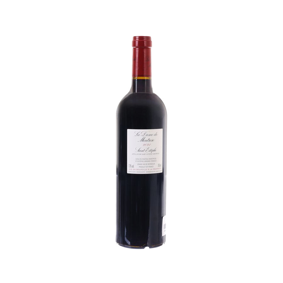 Red-capped wine bottle with dark glass and pale label side view