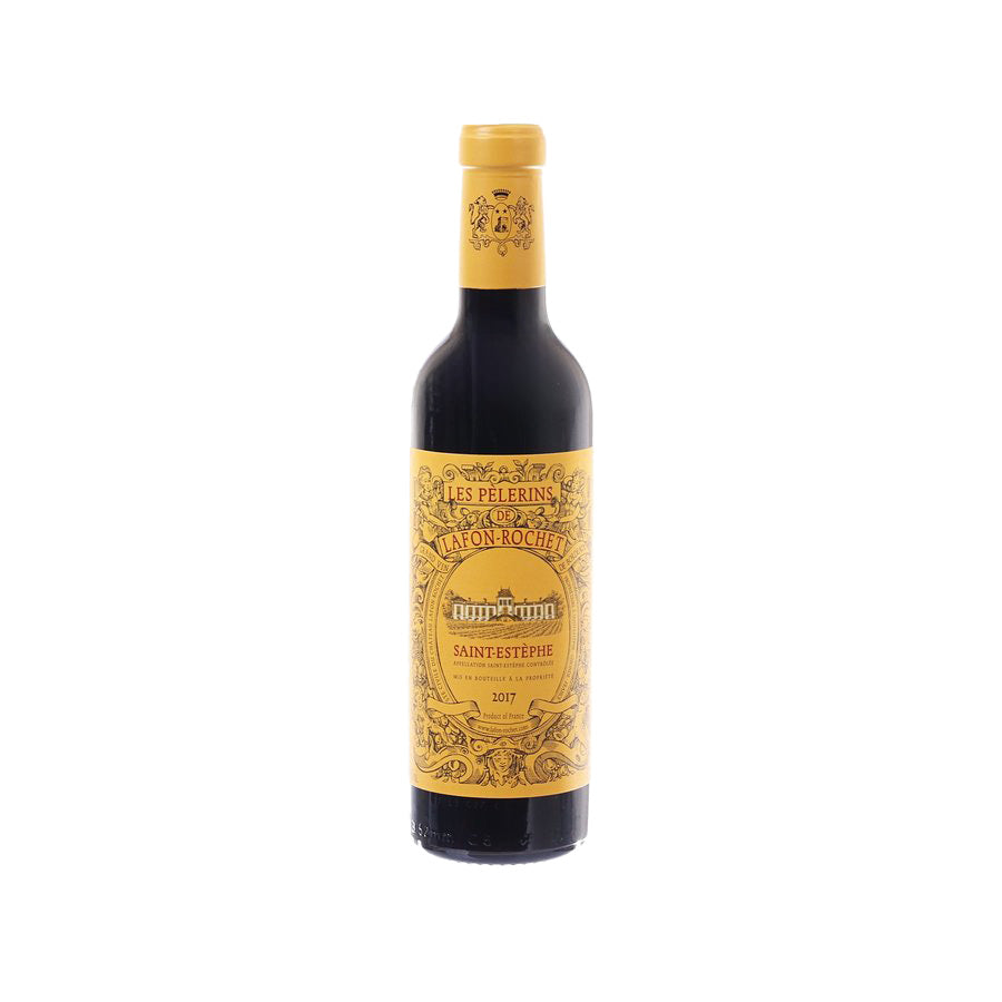 Wine bottle with gold cap and dark red label, front view with text
