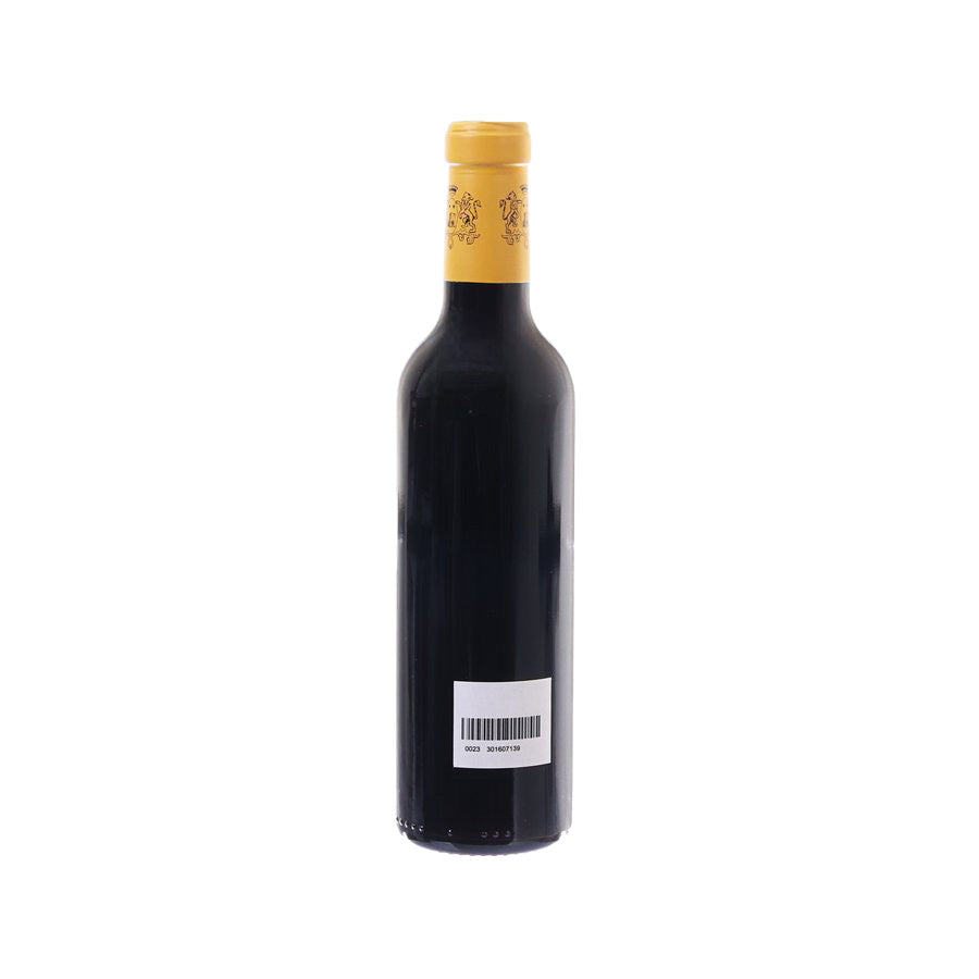 Wine bottle with gold cap, dark glass, back label with barcode sticker