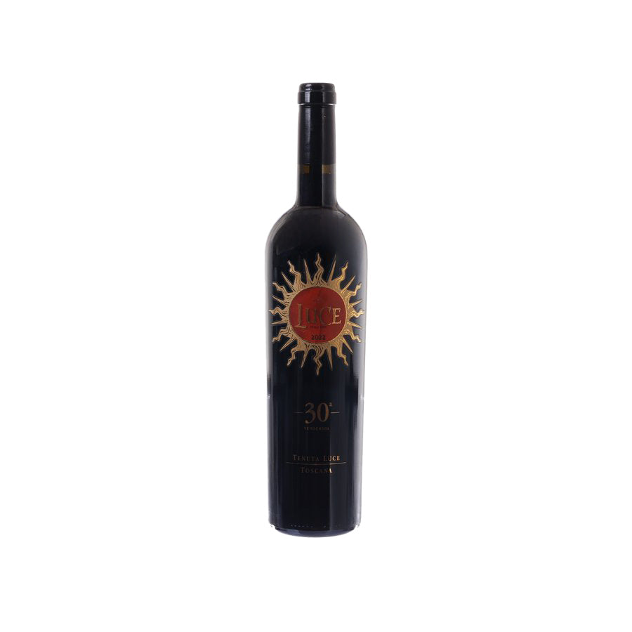 Red wine bottle with dark glass, front label, and black cap