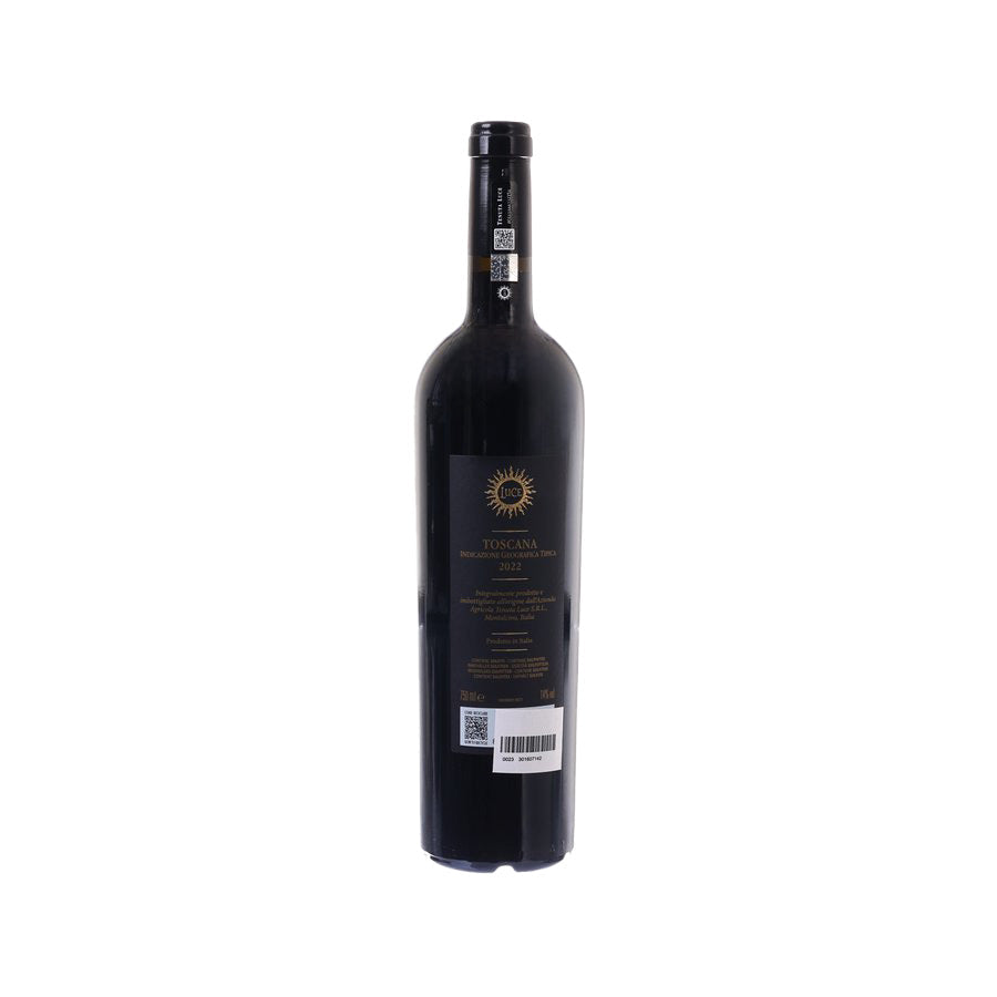 Red wine bottle with dark glass, back label, and barcode sticker