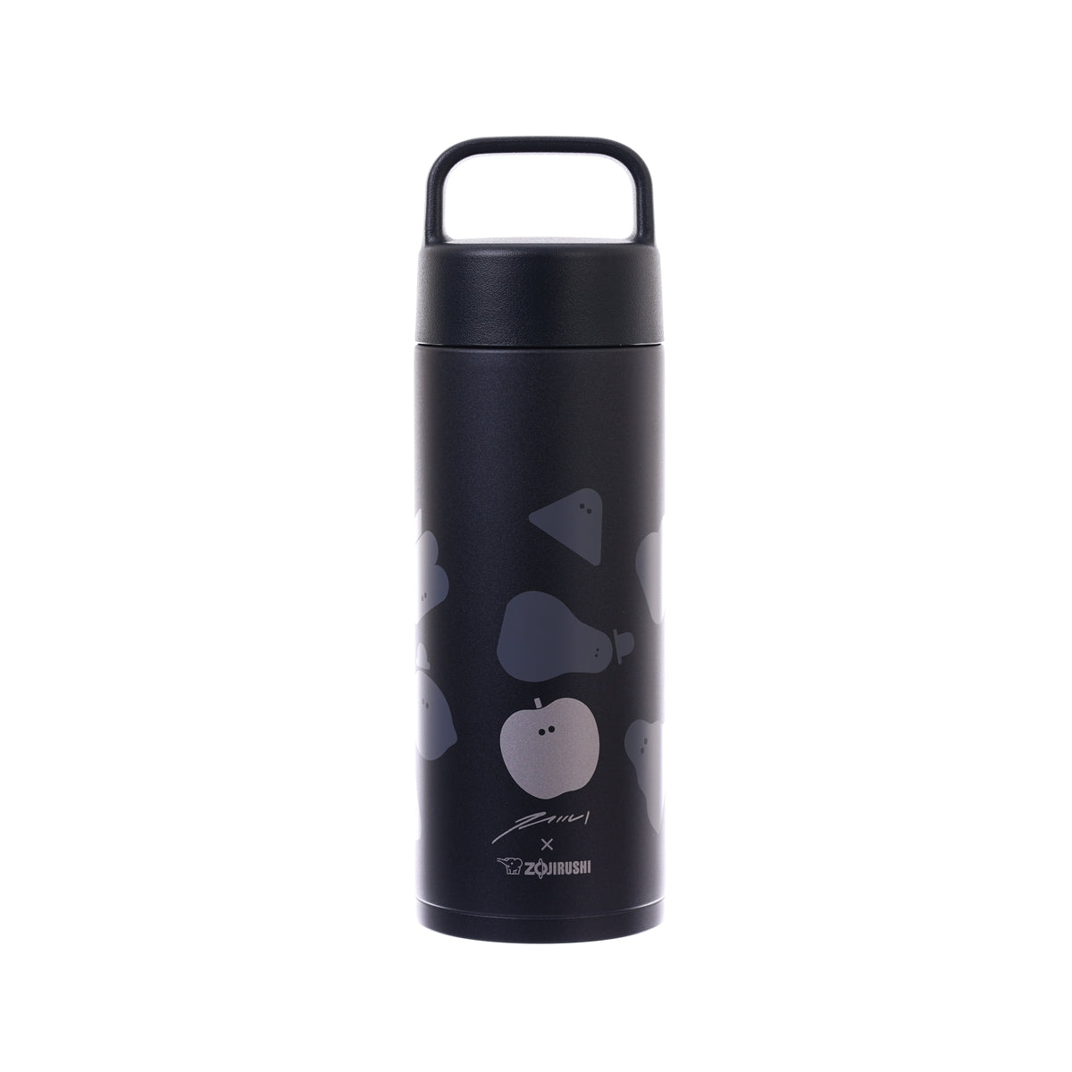 ZOJIRUSHI stainless steel vacuum mug, dark navy with apple pattern and carry handle