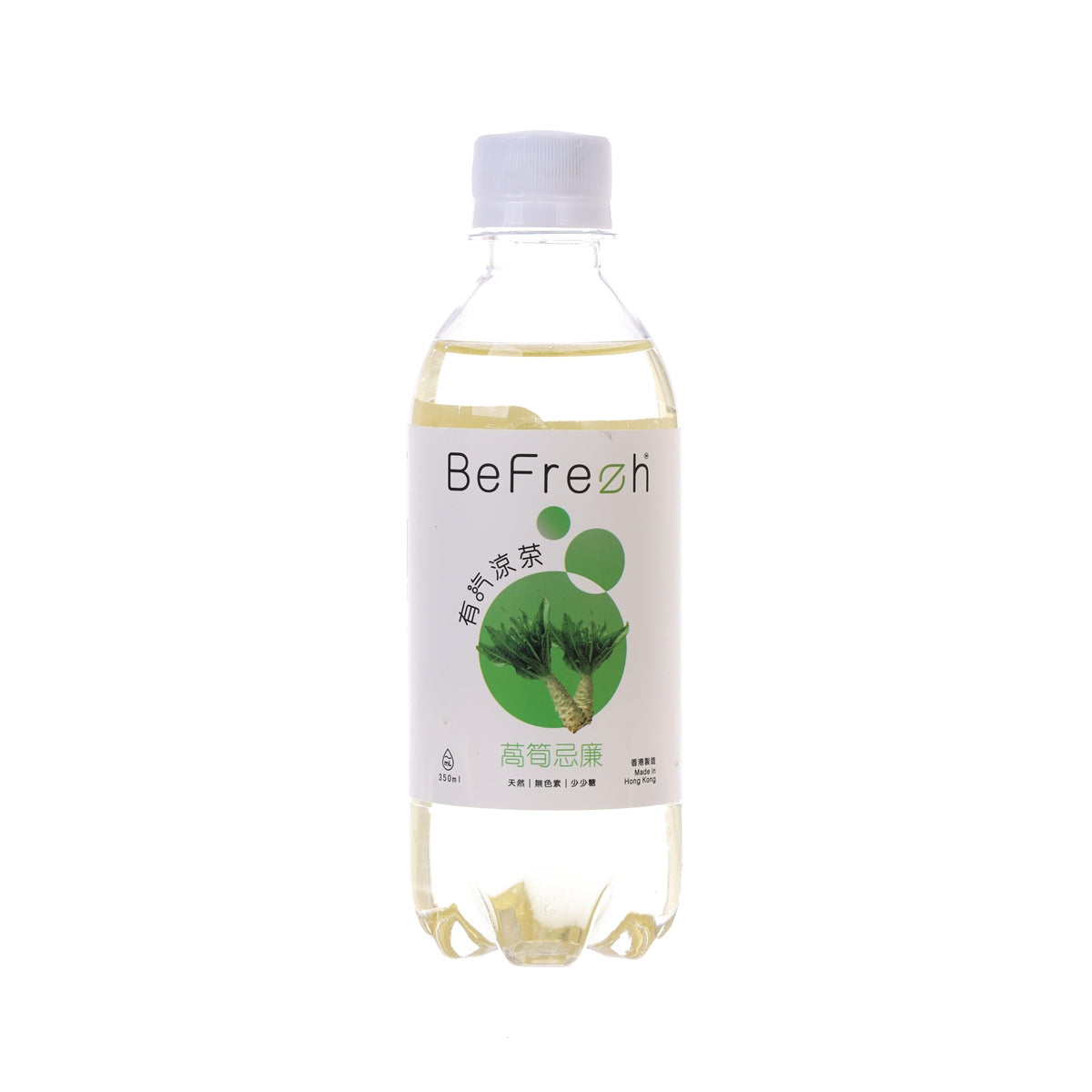 Sparkling herbal tea in clear PET bottle with green leaf label and white cap
