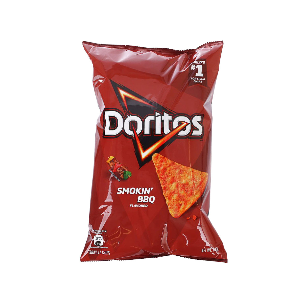 DORITOS Smokin' BBQ tortilla chip bag, red package with chips graphic