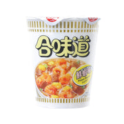 Prawn-flavor Cup Noodles instant noodle cup, white with seafood dish graphic