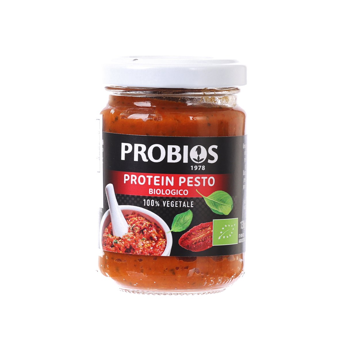 PROBIOS protein pesto jar with basil leaf graphic and tomato-red sauce