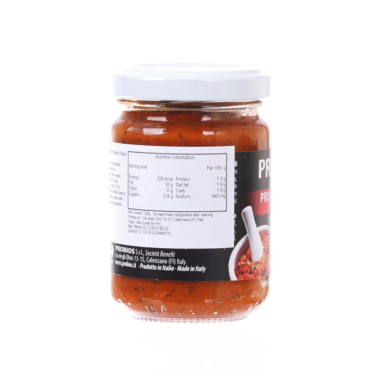 Protein pesto jar with nutrition information box on the back label