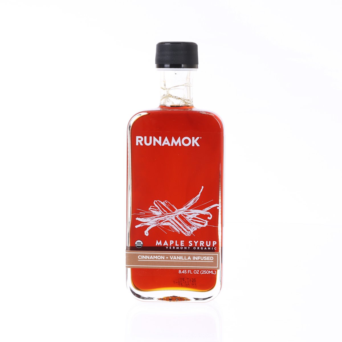 RUNAMOK cinnamon-vanilla organic maple syrup bottle, amber, 250 mL