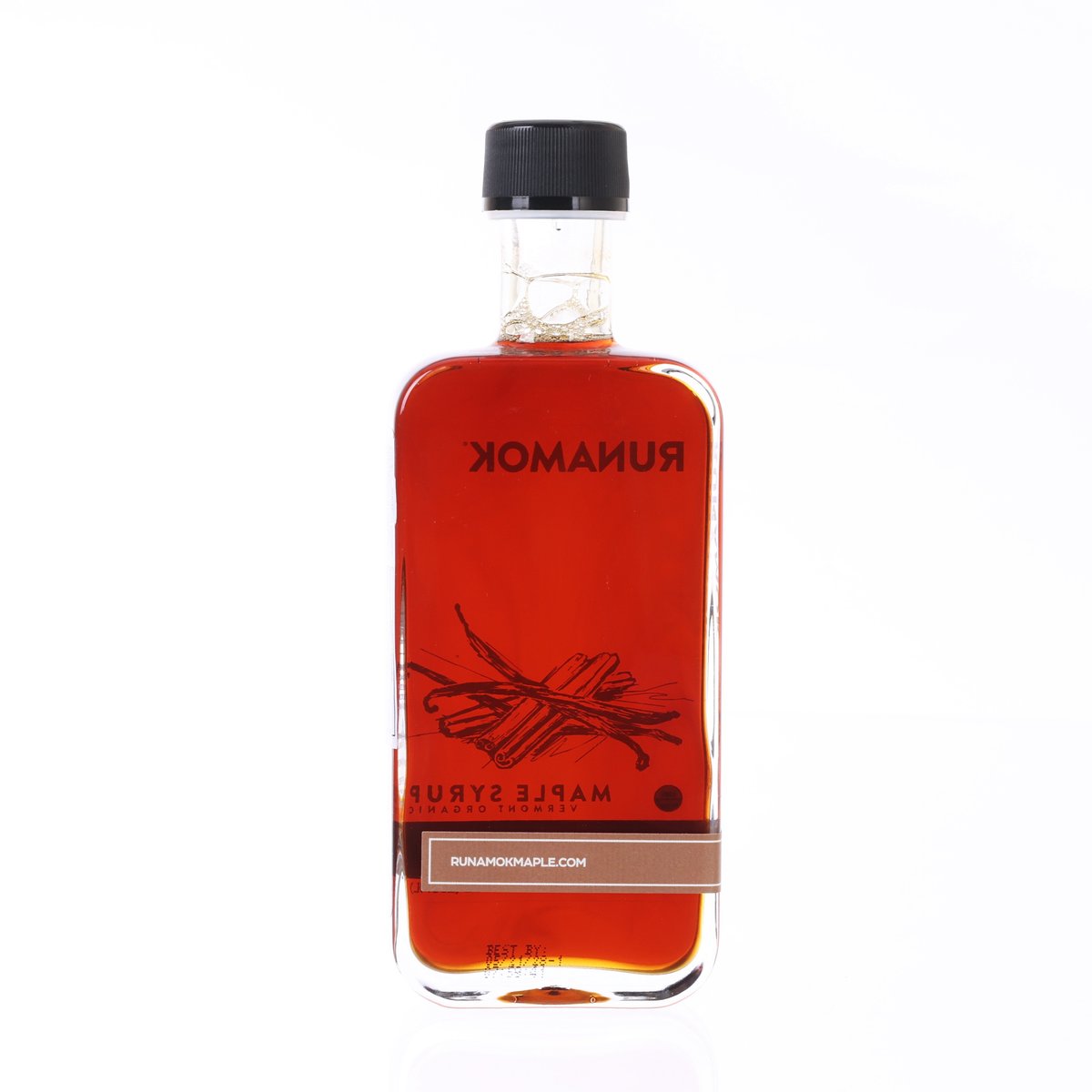 RUNAMOK maple syrup bottle back view, amber syrup, black cap