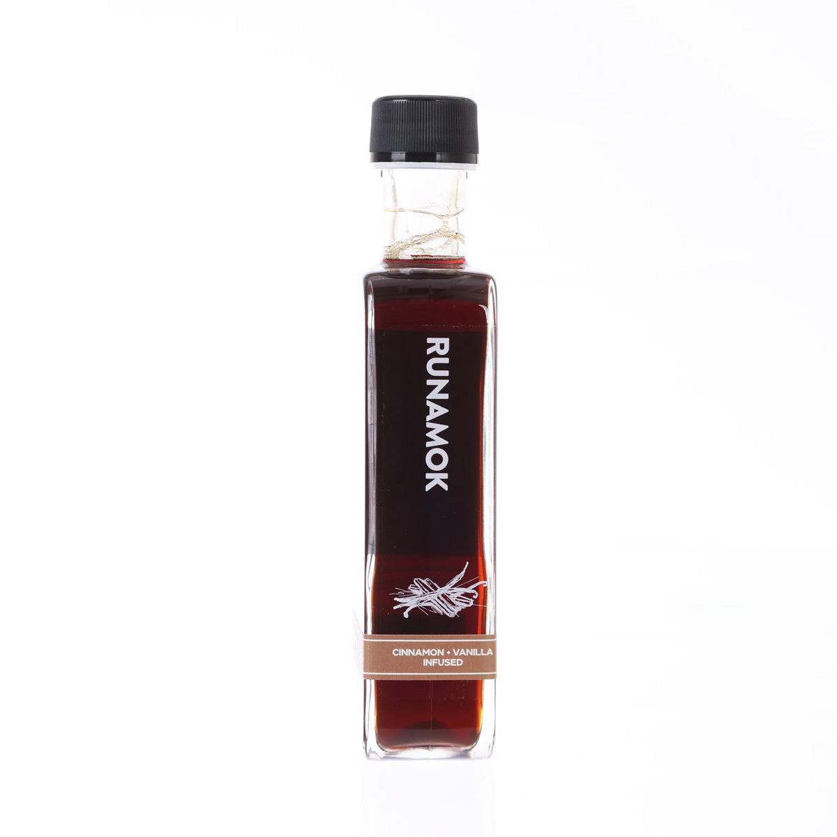 RUNAMOK cinnamon vanilla infused maple syrup bottle, amber, black cap