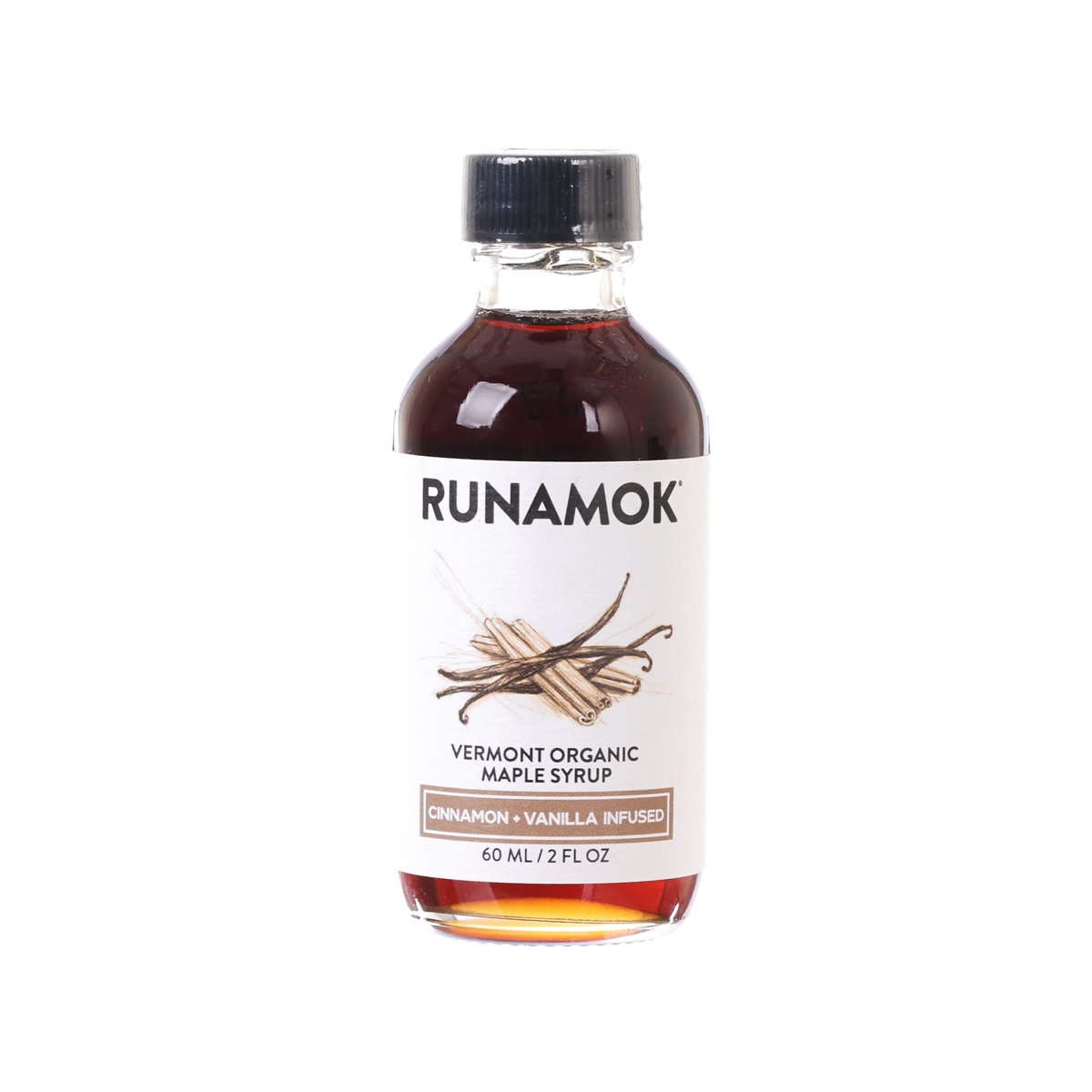 RUNAMOK cinnamon-vanilla infused organic maple syrup, 60 mL glass bottle