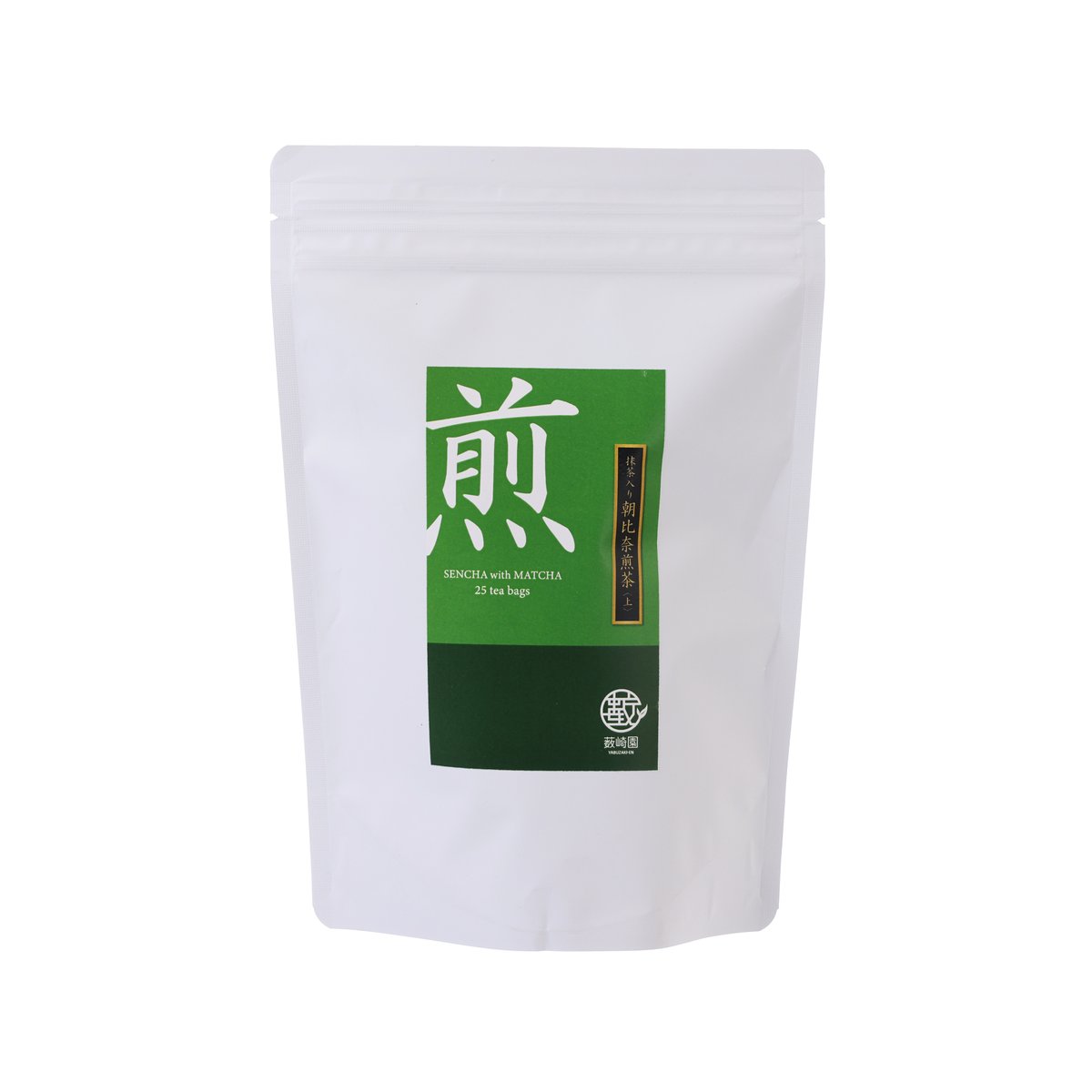 Sencha matcha tea bag set pouch with green front label, 25 x 5g