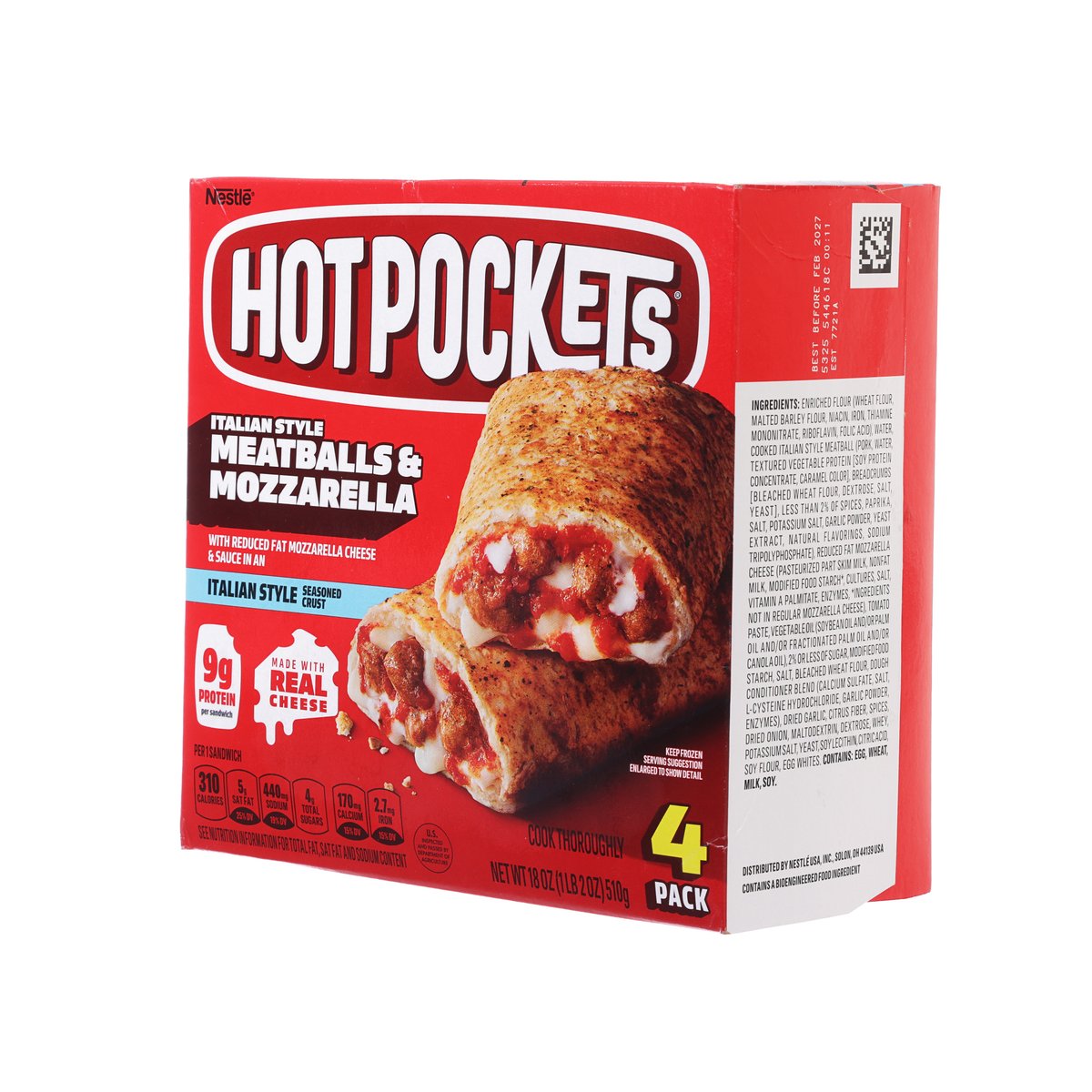 Hot Pockets Italian-style meatballs mozzarella crust 4-pack box side view