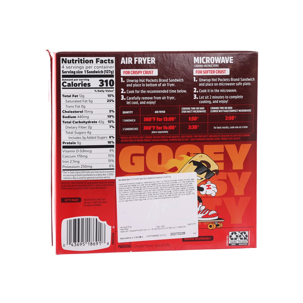 Hot Pockets box back with nutrition facts and microwave/air fryer instructions