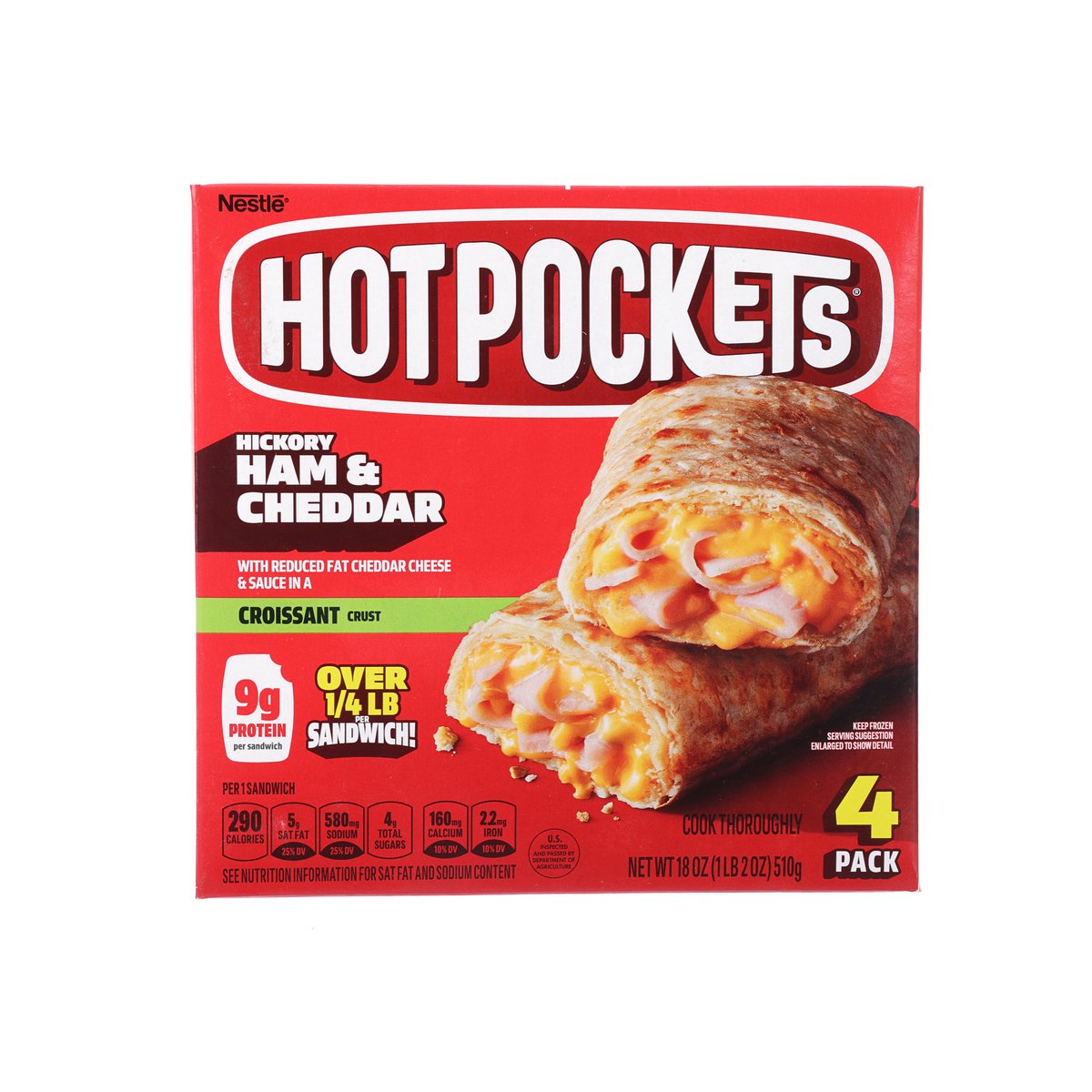 Frozen croissant pocket ham and cheddar sandwich, Hot Pockets 4-pack box front