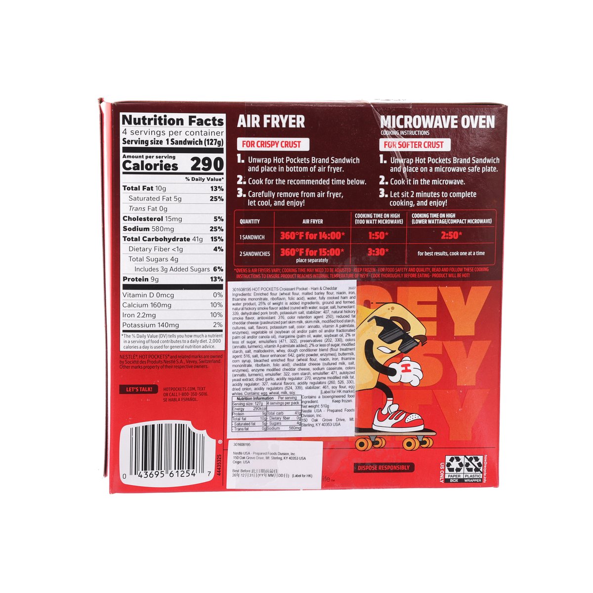 Frozen croissant pocket ham and cheddar Hot Pockets box with cooking instructions