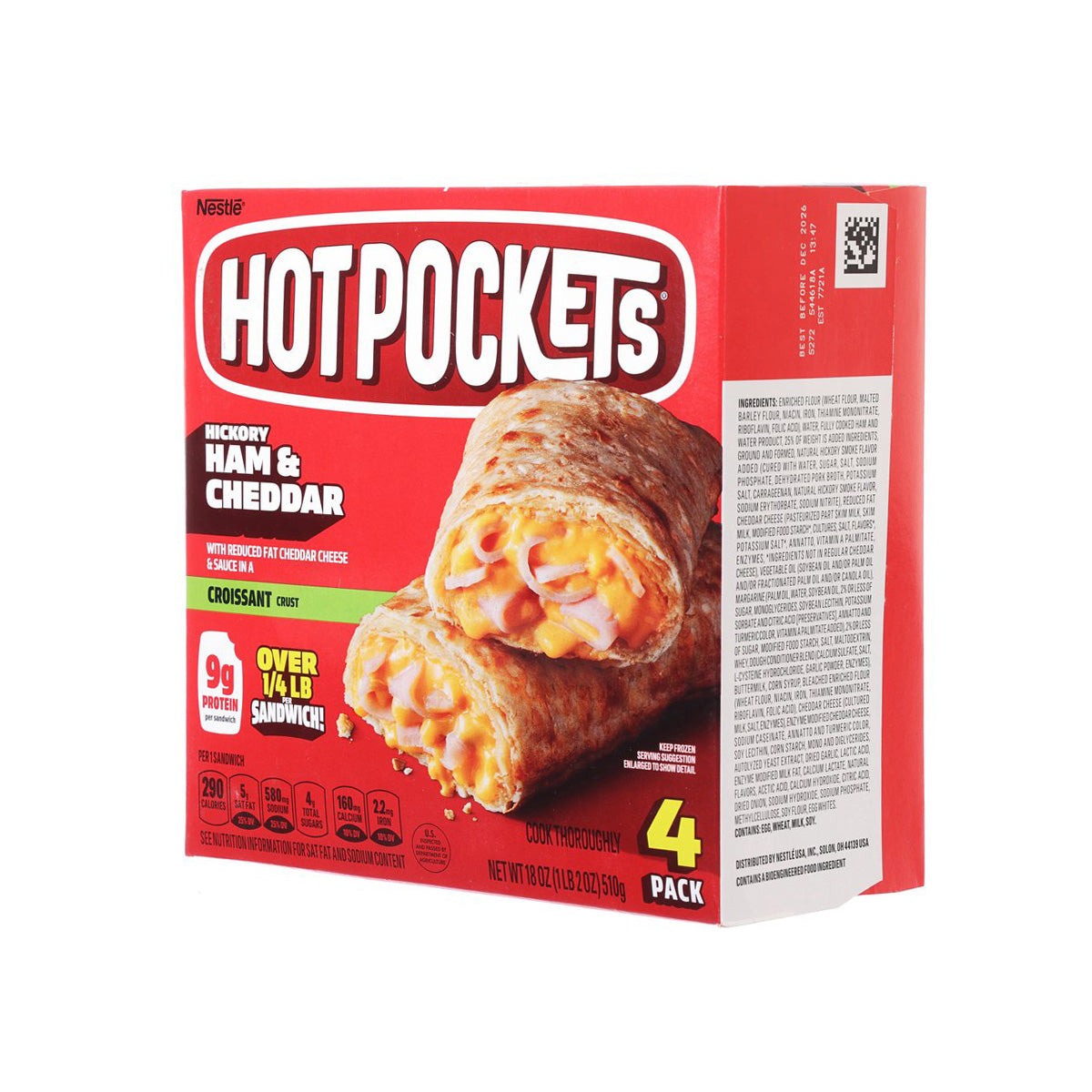 Frozen croissant pocket ham and cheddar sandwich Hot Pockets 4-pack box side view