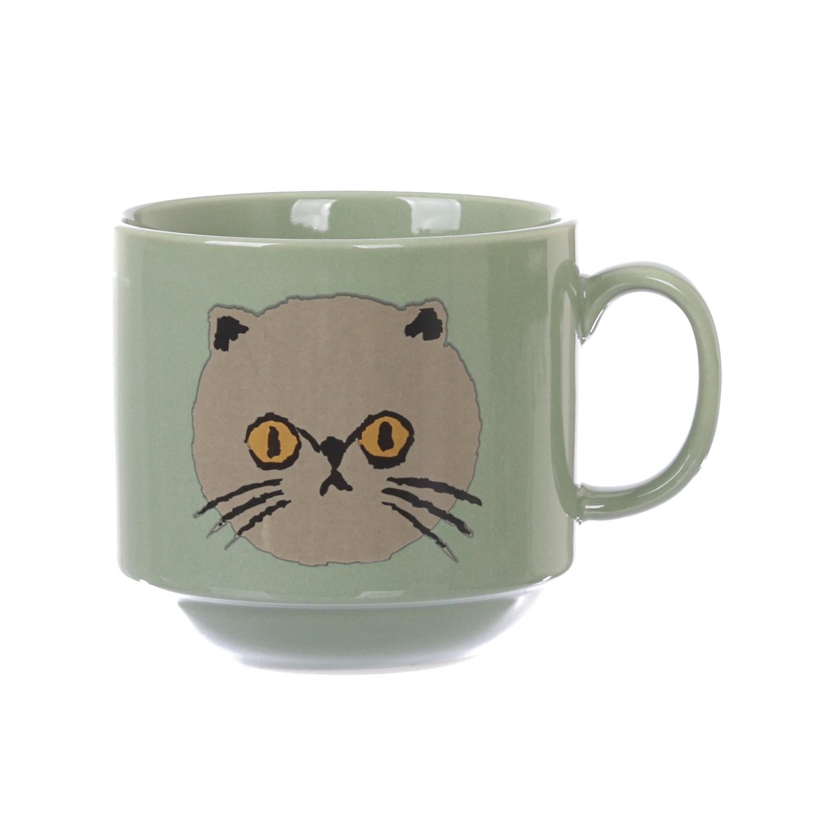 Sage ceramic mug with cute cat face graphic and side handle