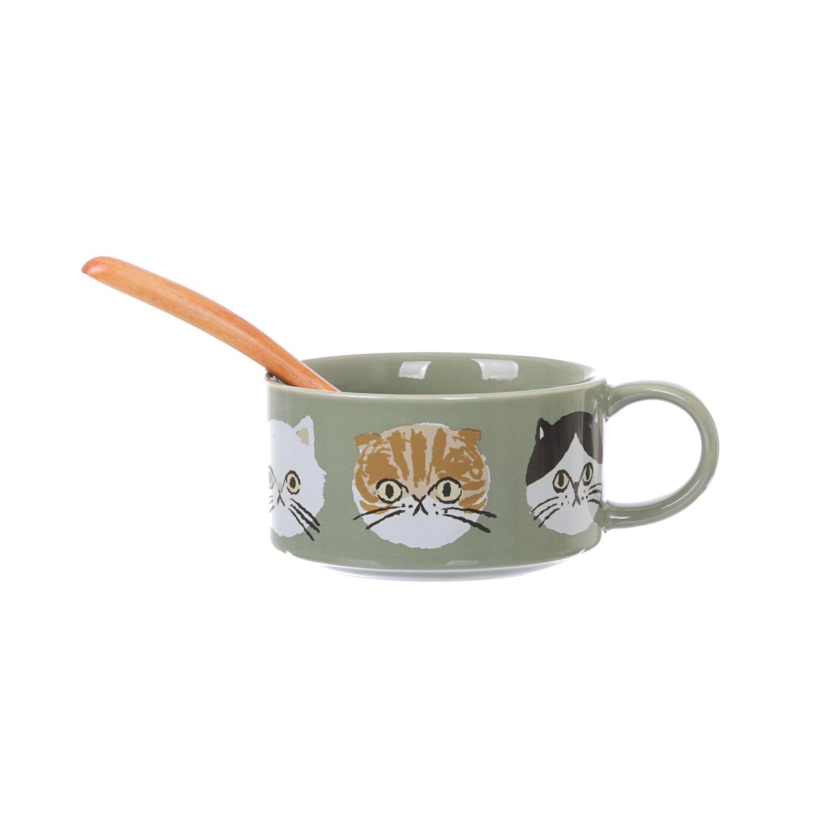Sage green ceramic soup mug with three cat face prints and wooden spoon