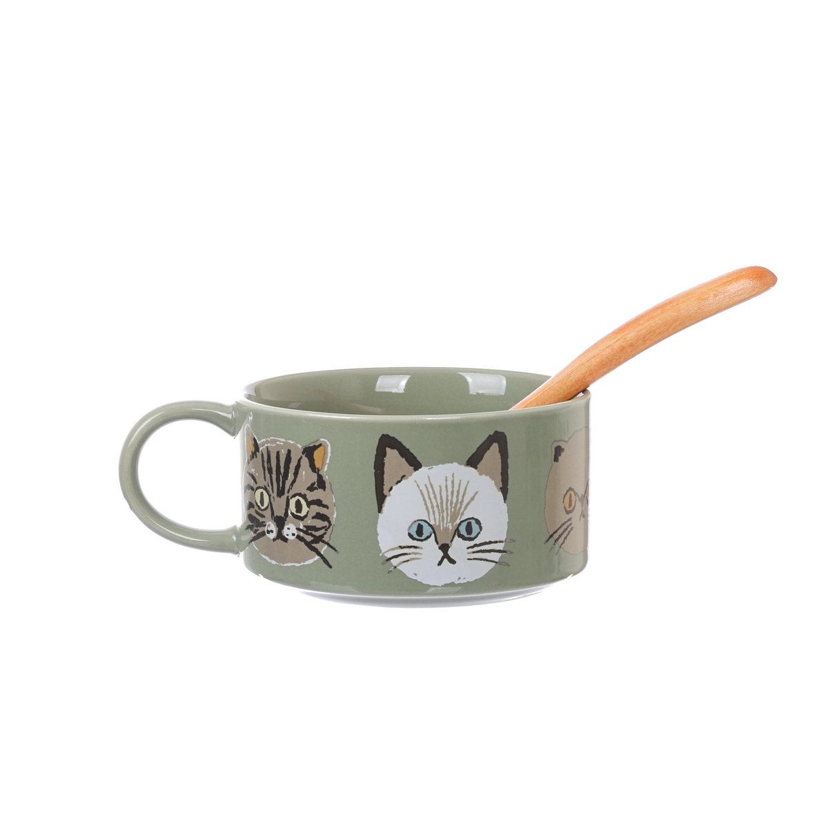 Sage green ceramic soup mug with cat faces and wooden spoon handle